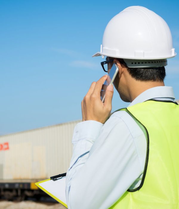 Engineer talking on the cell phone near to freight train